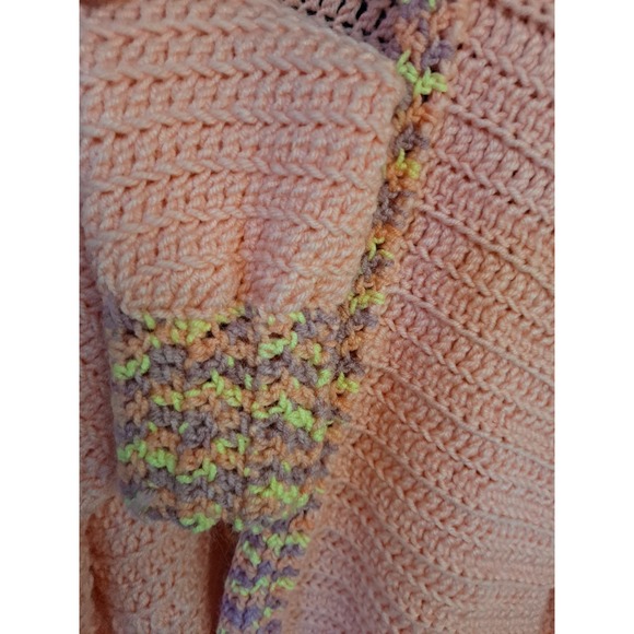 Hand Knit Open Front Long Pink Sweater With Colorful Accents - Picture 4 of 6